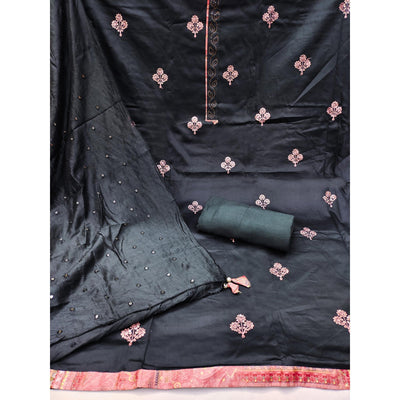 Dark Grey Embroidered Cotton Blend Dress Material