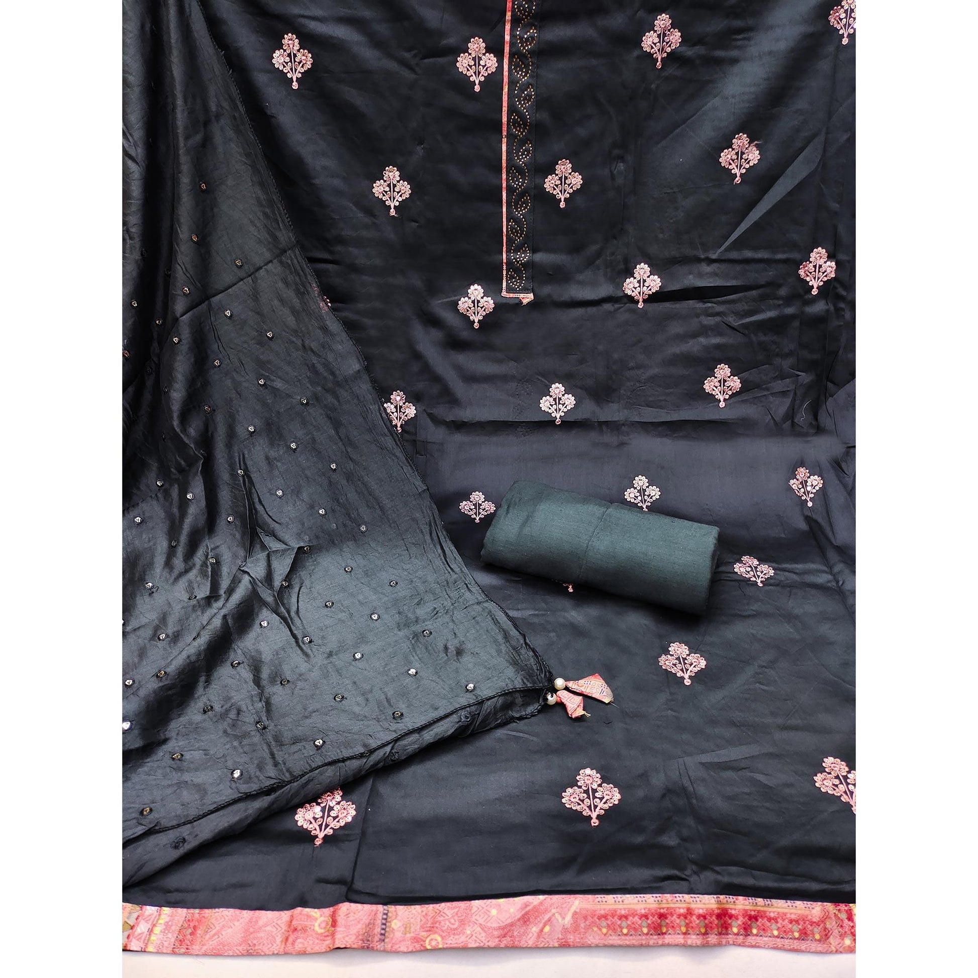 Dark Grey Embroidered Cotton Blend Dress Material