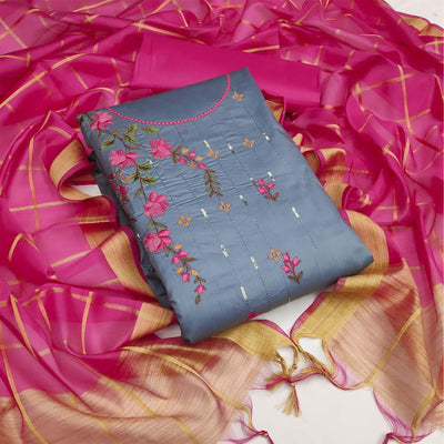 Dark Grey Festive Wear Floral Embroidery With Sequins Cotton Dress Material