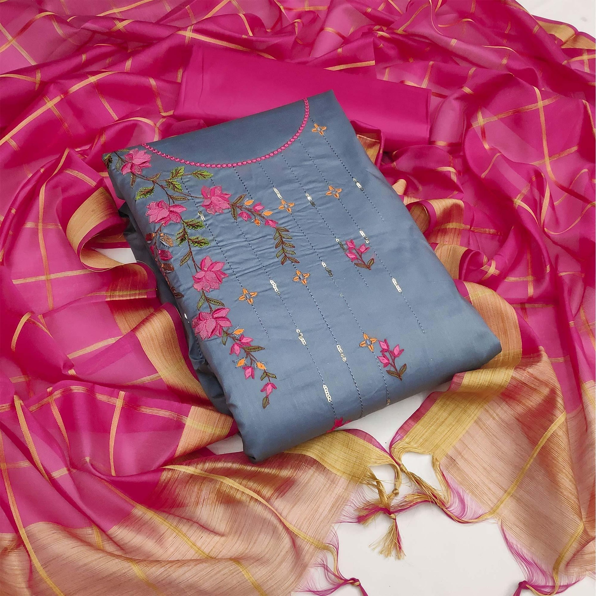 Dark Grey Festive Wear Floral Embroidery With Sequins Cotton Dress Material