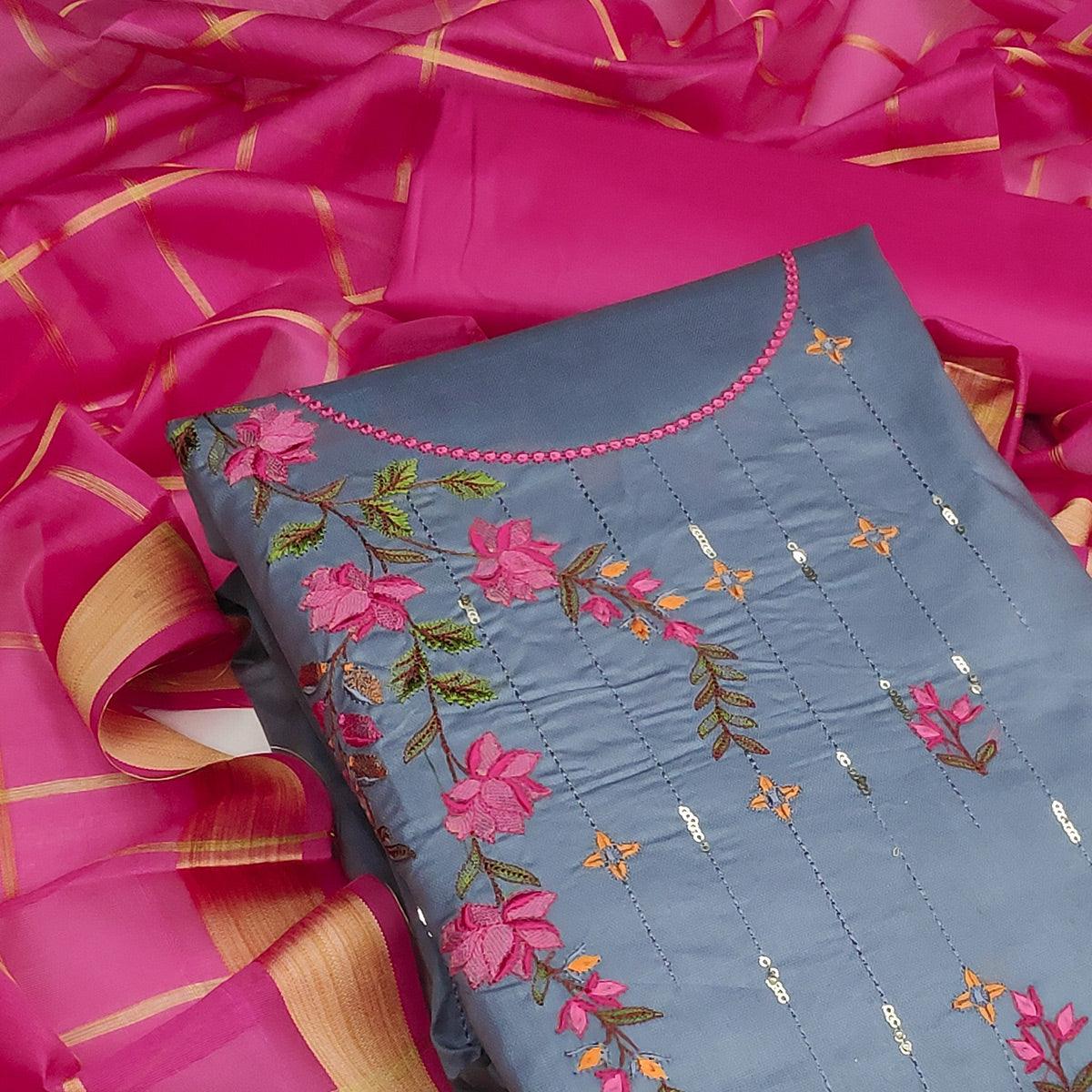 Dark Grey Festive Wear Floral Embroidery With Sequins Cotton Dress Material