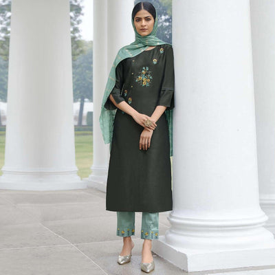 Dark Grey Partywear Heavy Hand Work Bember Silk Suit
