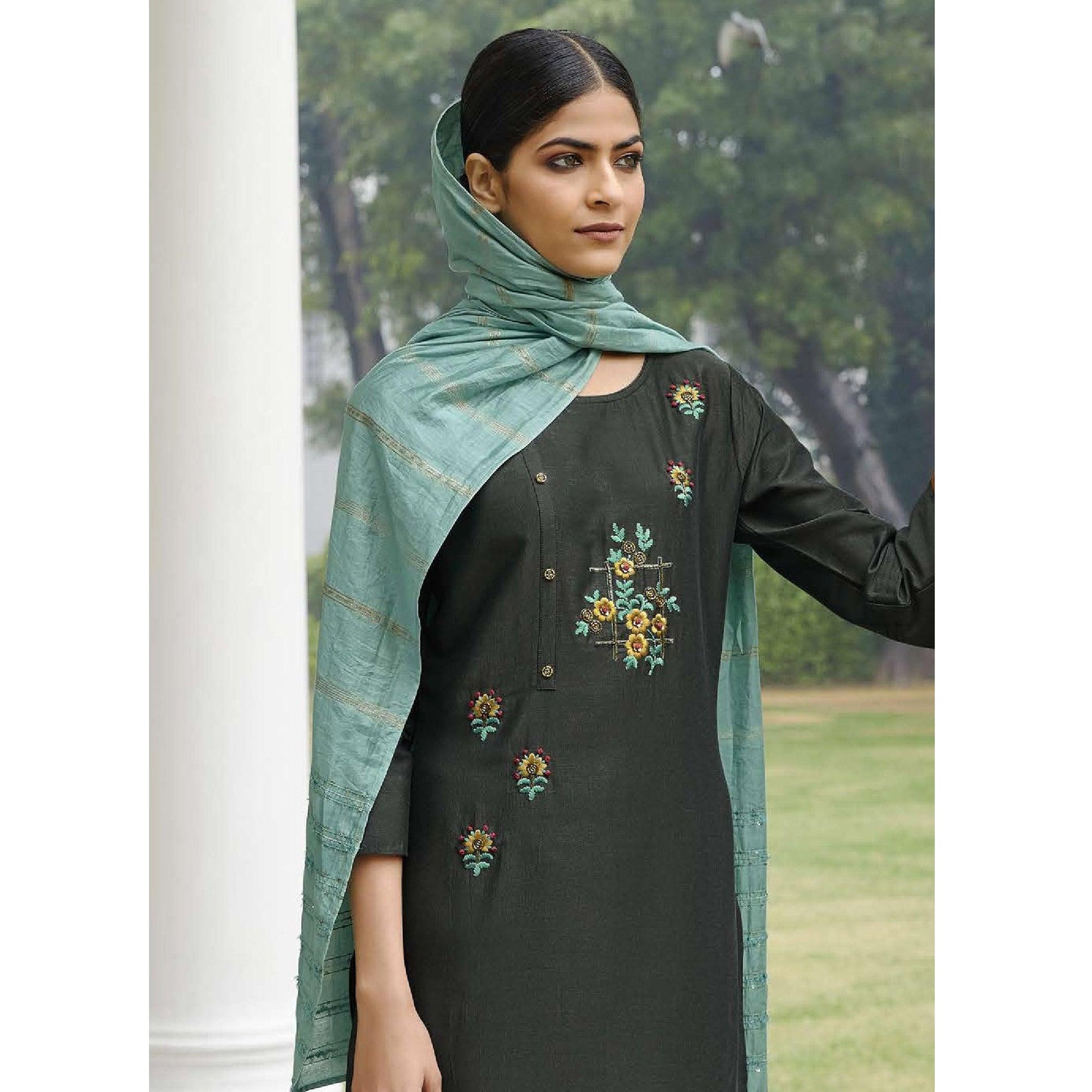 Dark Grey Partywear Heavy Hand Work Bember Silk Suit