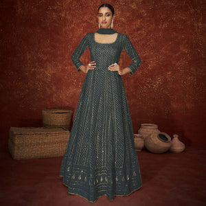 Dark Grey Partywear Sequins Embroidered Georgette Gown