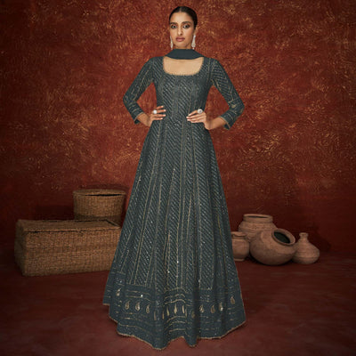 Dark Grey Partywear Sequins Embroidered Georgette Gown