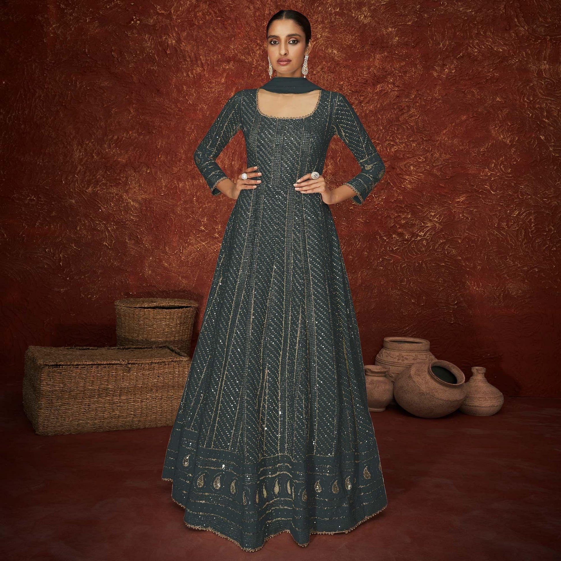 Dark Grey Partywear Sequins Embroidered Georgette Gown
