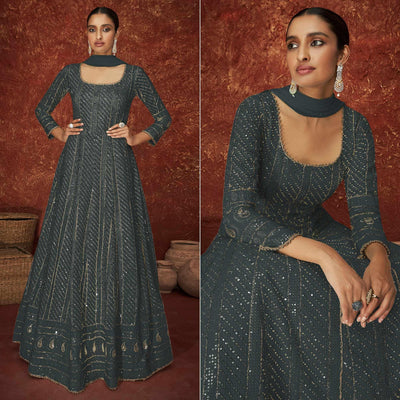 Dark Grey Partywear Sequins Embroidered Georgette Gown