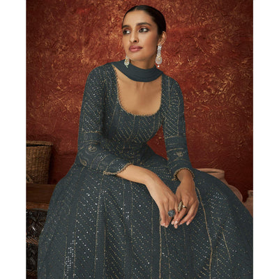 Dark Grey Partywear Sequins Embroidered Georgette Gown