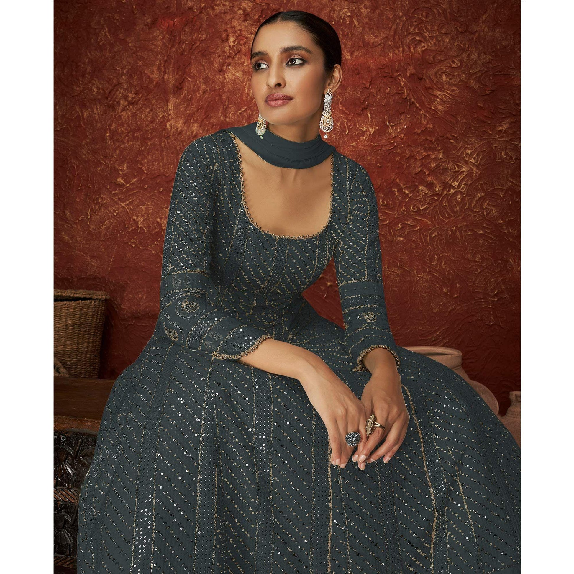 Dark Grey Partywear Sequins Embroidered Georgette Gown