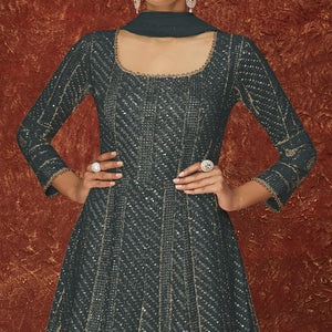 Dark Grey Partywear Sequins Embroidered Georgette Gown