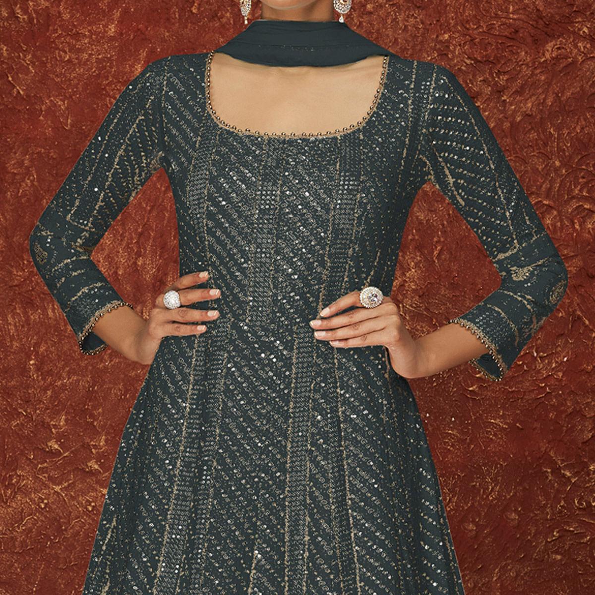 Dark Grey Partywear Sequins Embroidered Georgette Gown