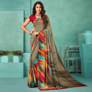 Dark Grey Printed Crepe Saree