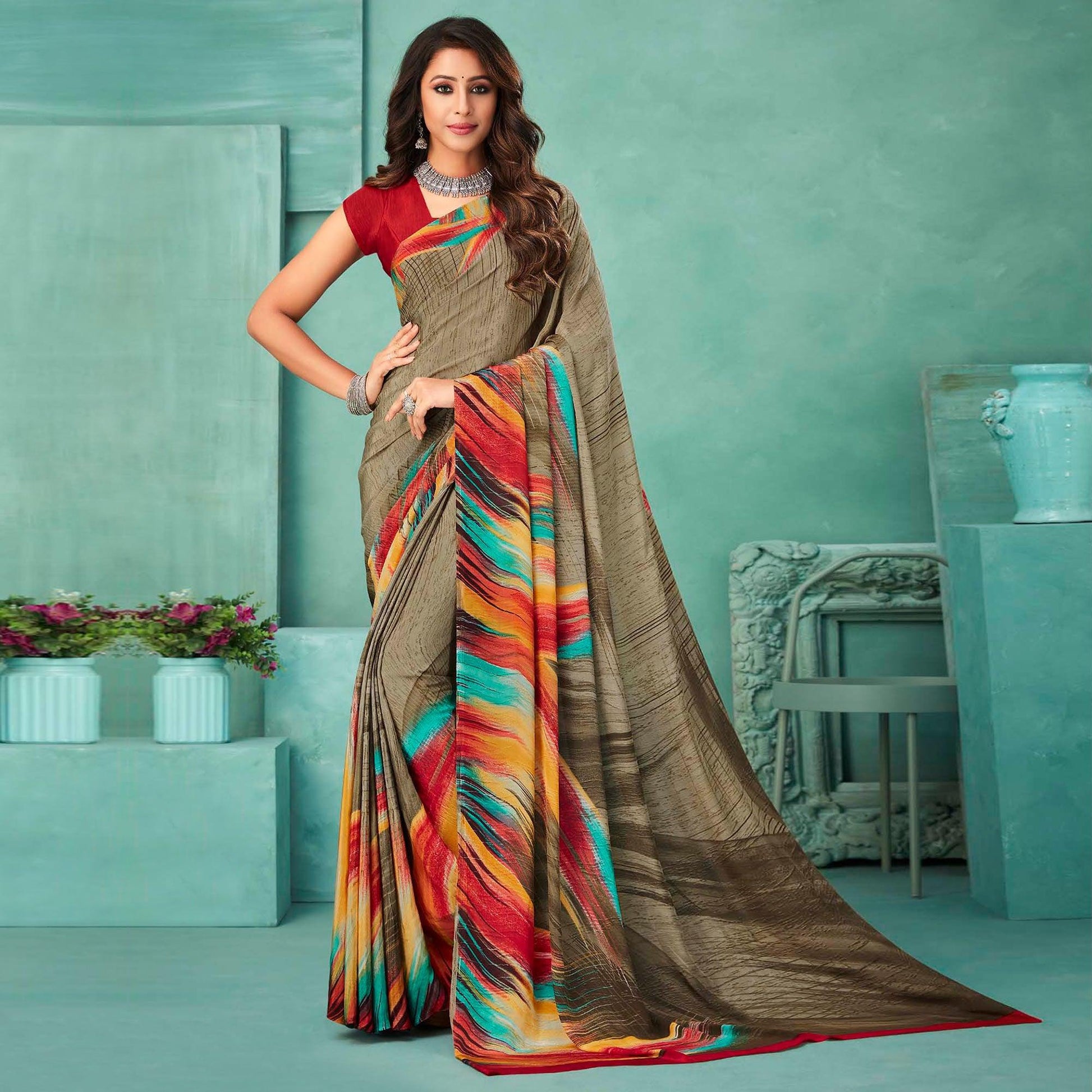 Dark Grey Printed Crepe Saree