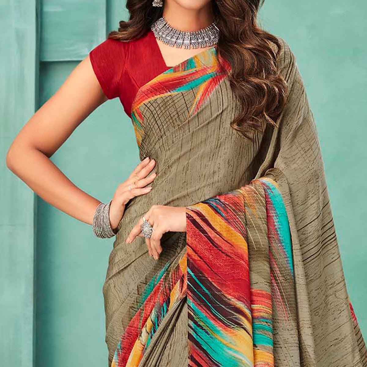 Dark Grey Printed Crepe Saree