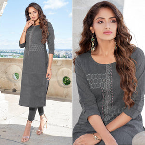 Dark Grey Printed With Embroidered Cotton Blend Kurti Pant Set