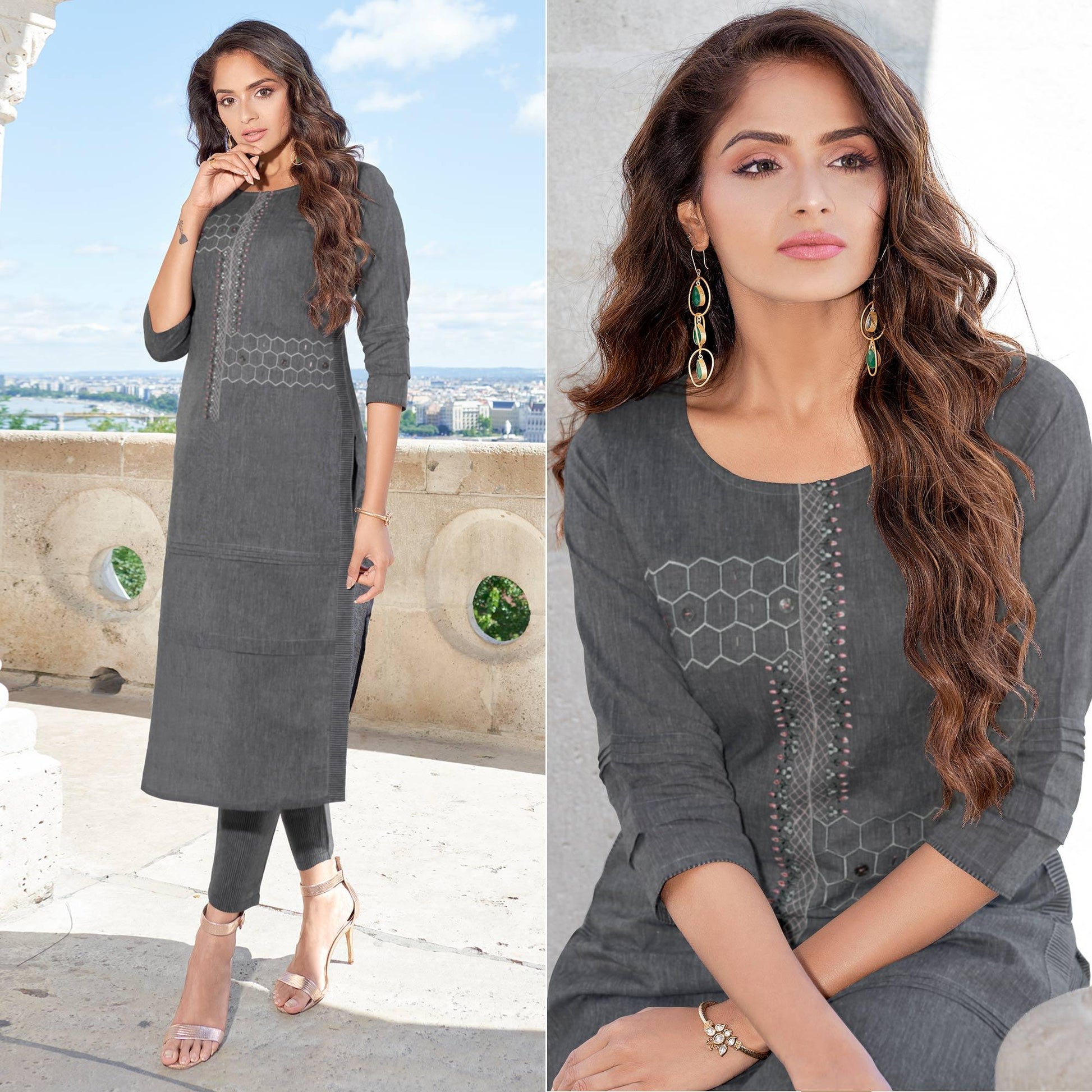 Dark Grey Printed With Embroidered Cotton Blend Kurti Pant Set