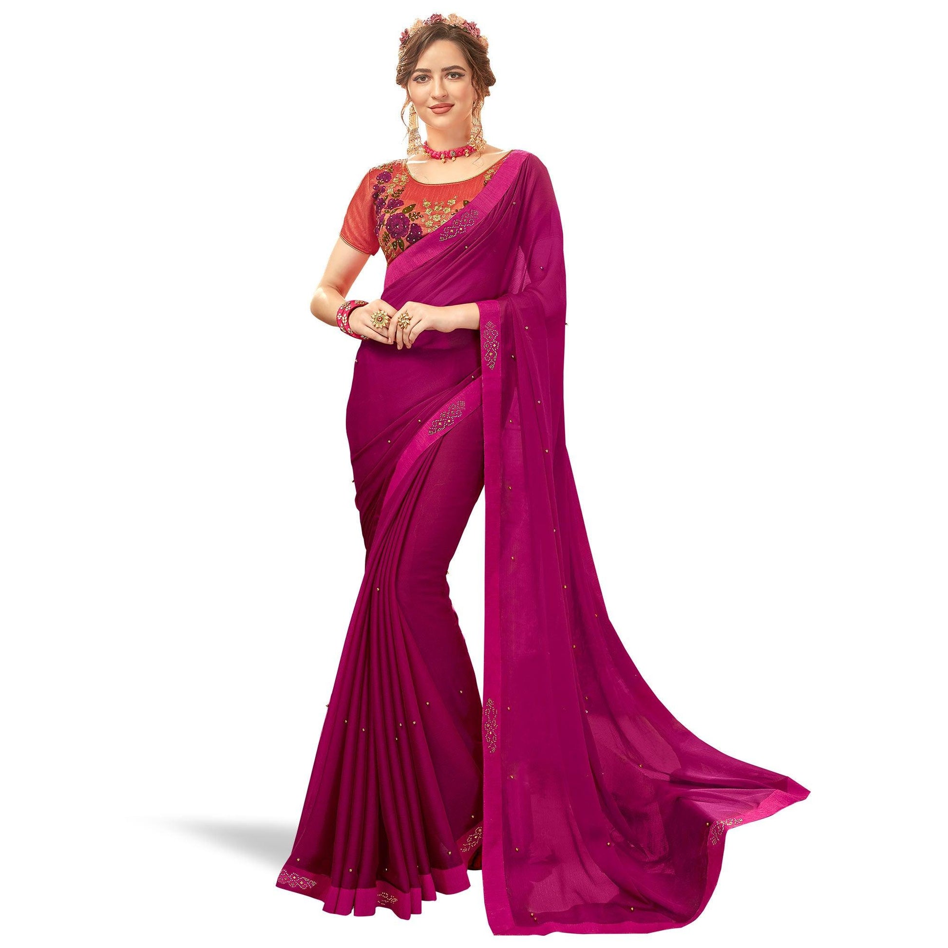 Dark Magenta Pink Sequins Work Georgette Saree