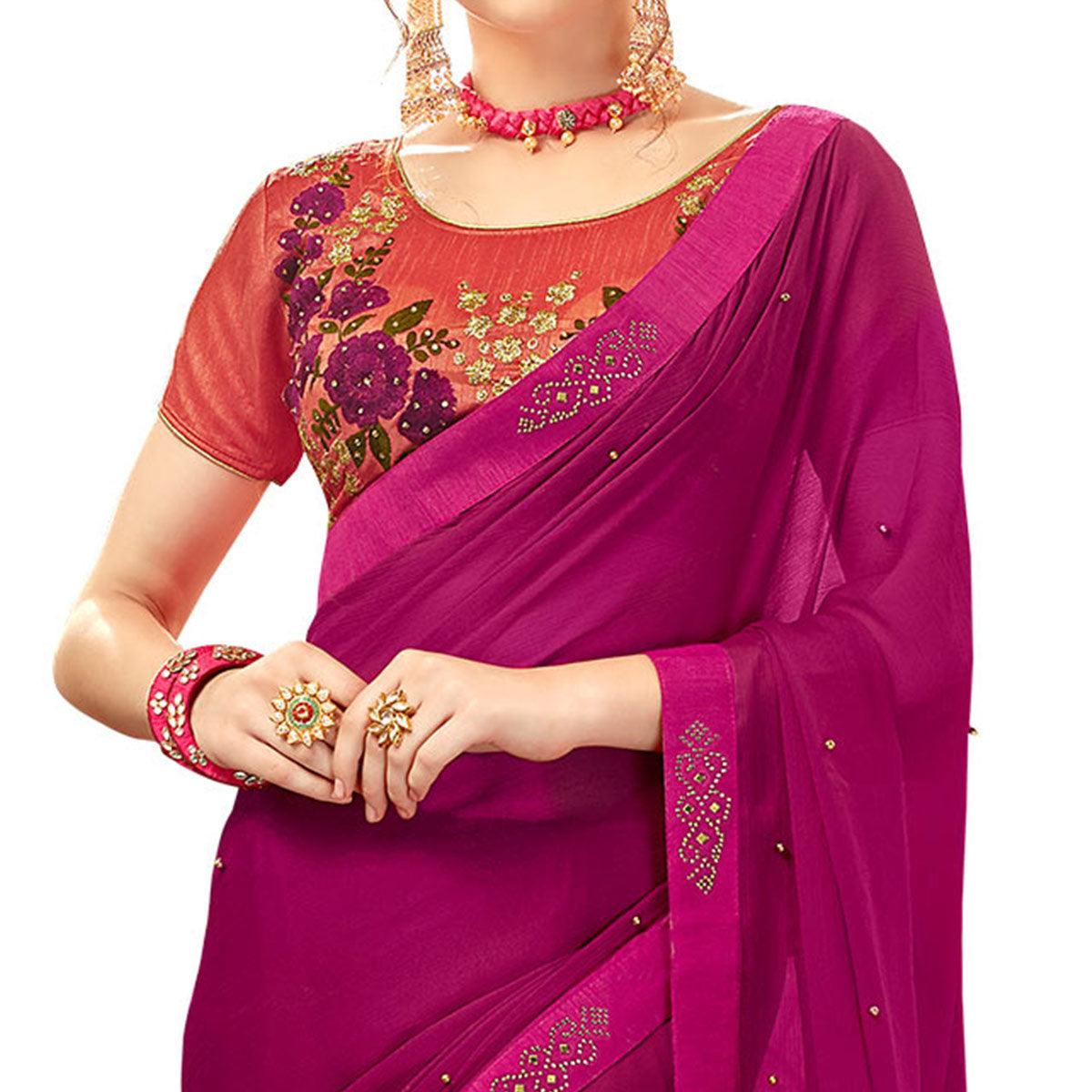 Dark Magenta Pink Sequins Work Georgette Saree