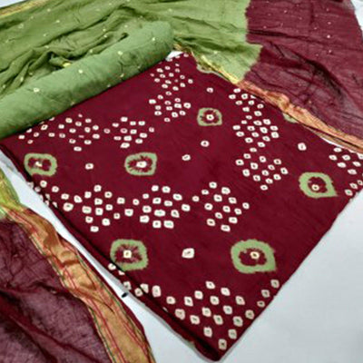 Dark Maroon Casual Wear Hand Bandhej Cotton Dress Material