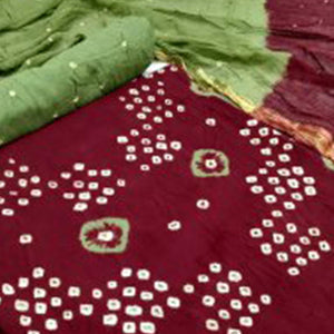 Dark Maroon Casual Wear Hand Bandhej Cotton Dress Material