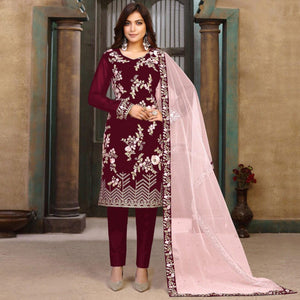 Dark Maroon Partywear Embroidered Heavy Faux Georgette Salwar Suit