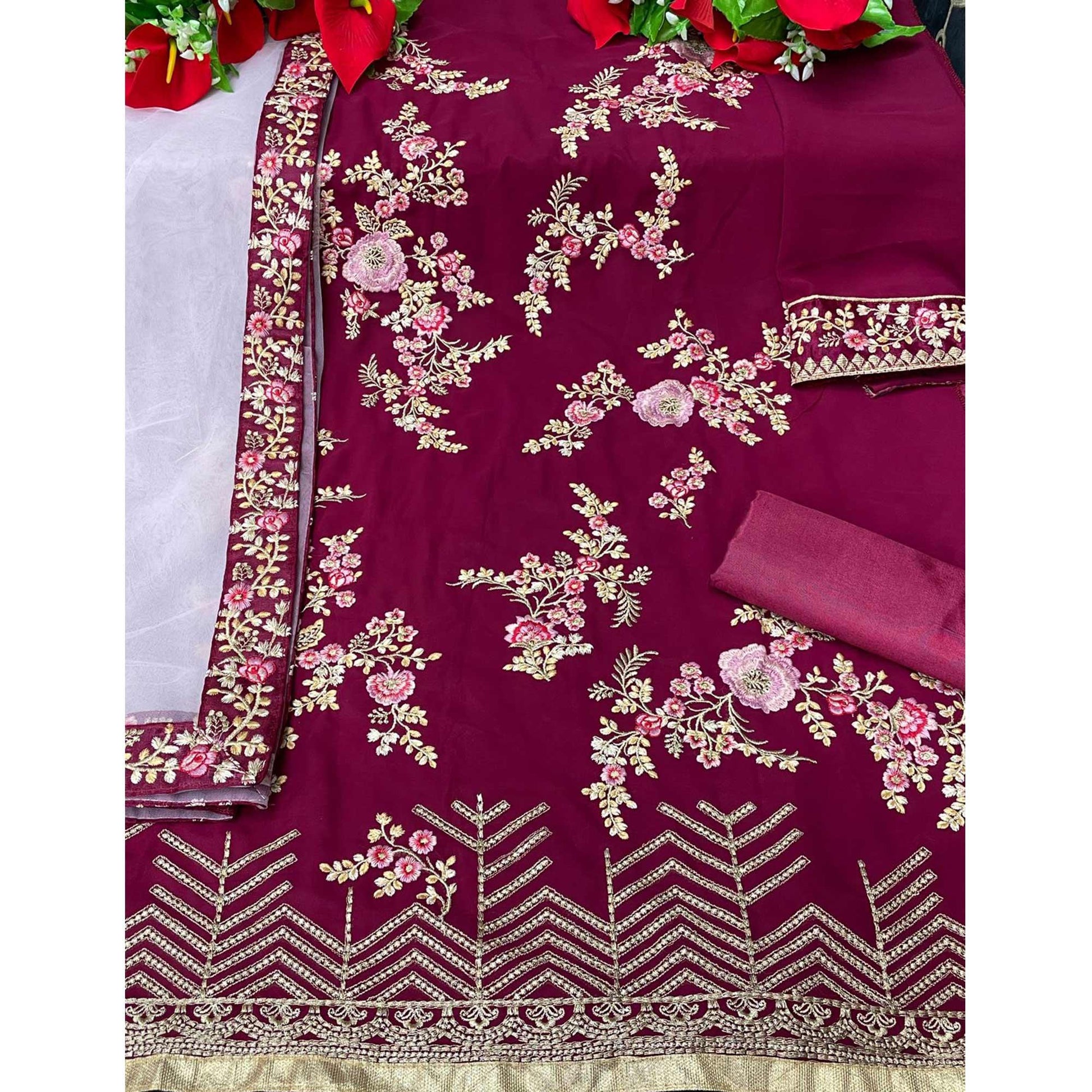 Dark Maroon Partywear Embroidered Heavy Faux Georgette Salwar Suit