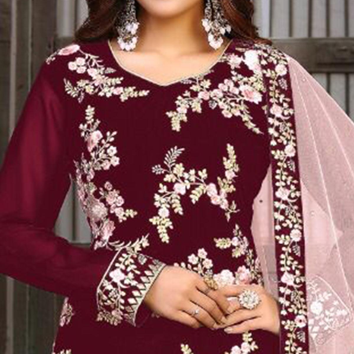 Dark Maroon Partywear Embroidered Heavy Faux Georgette Salwar Suit