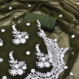 Dark Mehendi Embroidered Georgette Dress Material