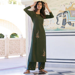 Dark Mehendi Green Casual Wear Embroidered Heavy Rayon Kurti - Palazzo Set