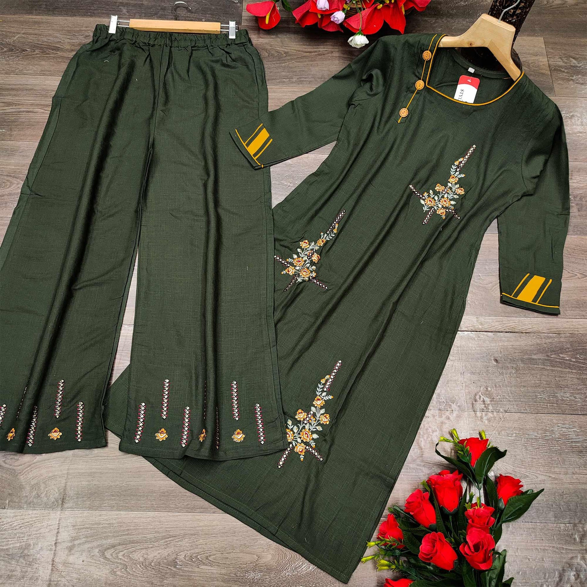 Dark Mehendi Green Casual Wear Embroidered Heavy Rayon Kurti - Palazzo Set