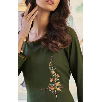 Dark Mehendi Green Casual Wear Embroidered Heavy Rayon Kurti - Palazzo Set