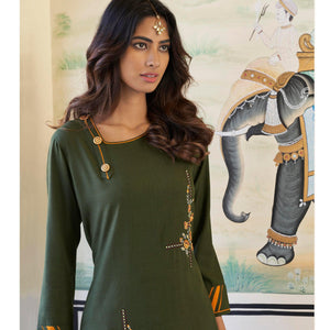 Dark Mehendi Green Casual Wear Embroidered Heavy Rayon Kurti - Palazzo Set