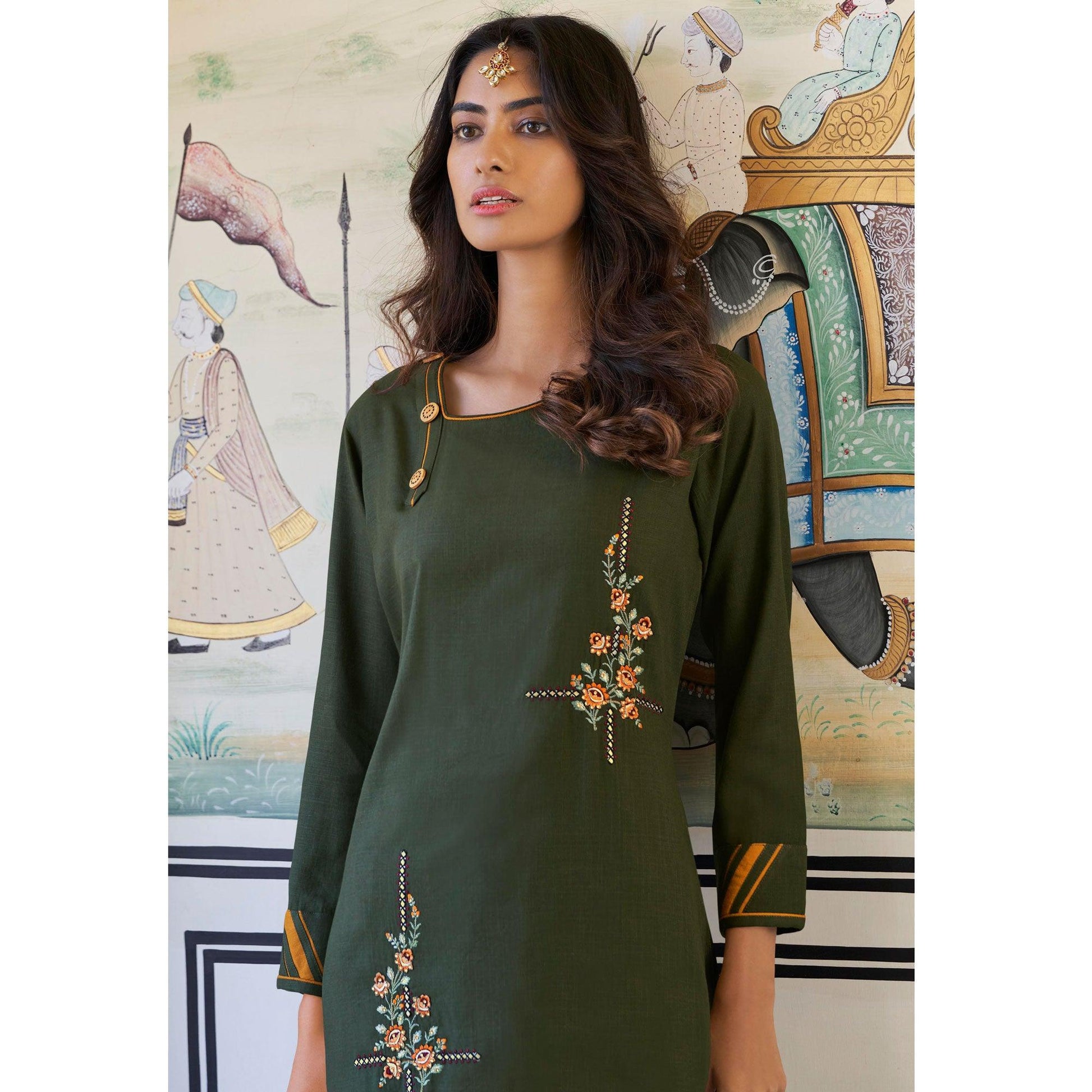 Dark Mehendi Green Casual Wear Embroidered Heavy Rayon Kurti - Palazzo Set