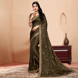 Dark Mehendi Green Embroidered Vichitra Silk Saree