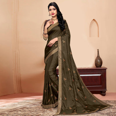 Dark Mehendi Green Embroidered Vichitra Silk Saree