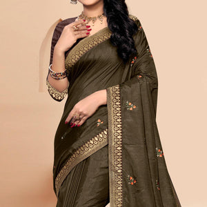 Dark Mehendi Green Embroidered Vichitra Silk Saree