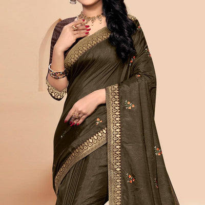Dark Mehendi Green Embroidered Vichitra Silk Saree