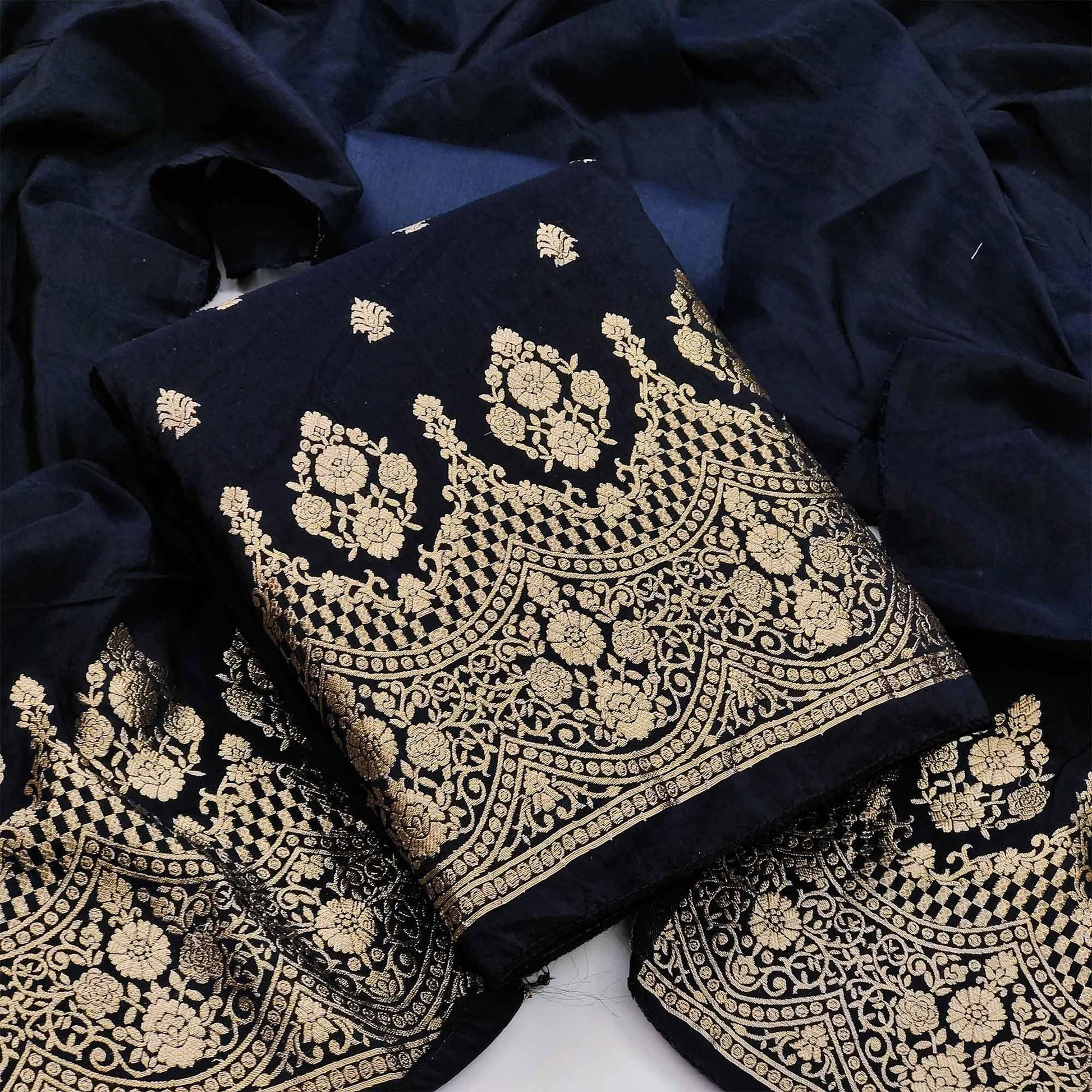 Dark Navy Blue Festive Wear Embroidered Viscose Banarasi Dress Material