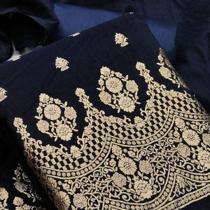 Dark Navy Blue Festive Wear Embroidered Viscose Banarasi Dress Material