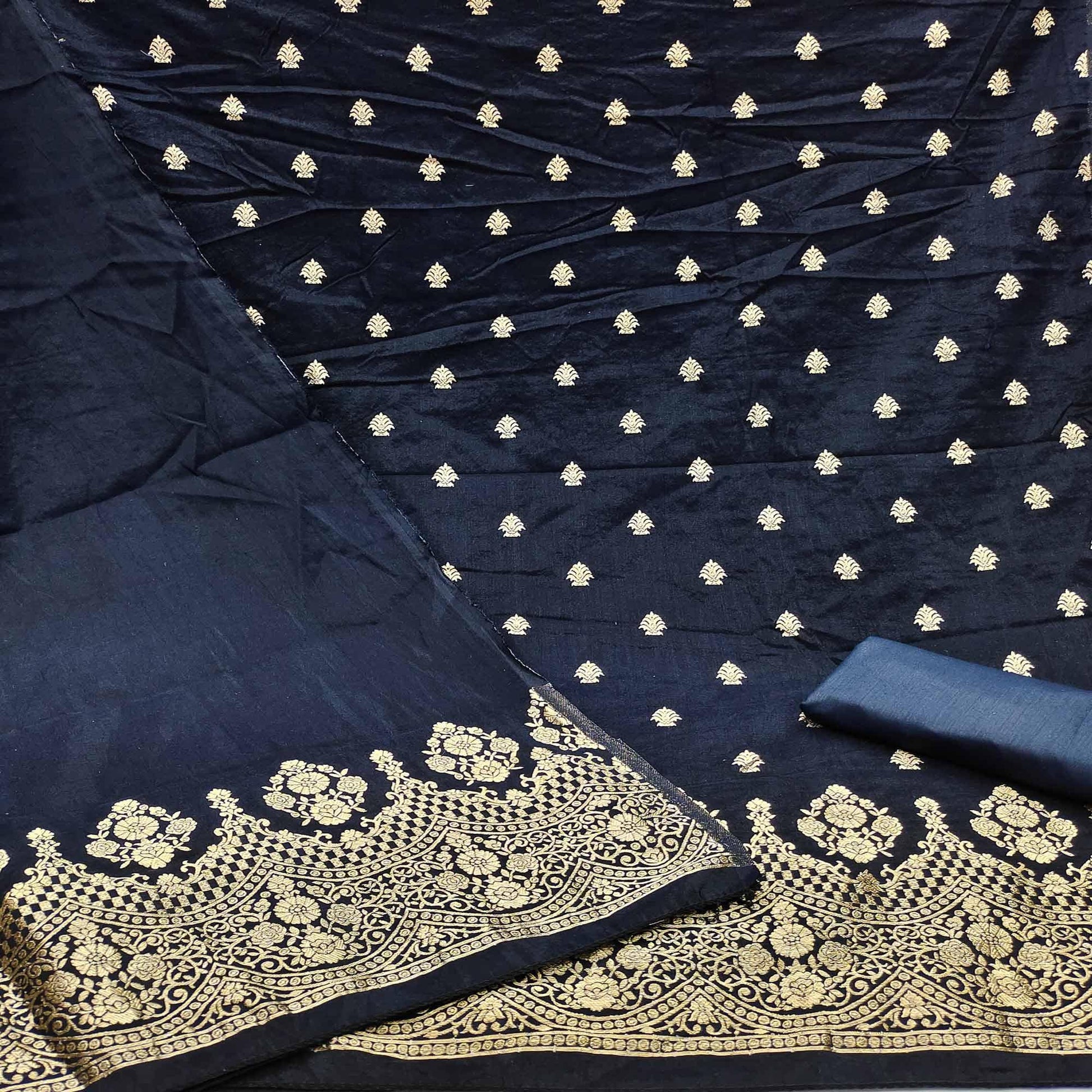 Dark Navy Blue Festive Wear Embroidered Viscose Banarasi Dress Material