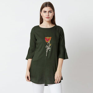 Dark Olive Green Casual Wear Hand Embroidered Designer Cotton Slub Top