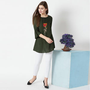 Dark Olive Green Casual Wear Hand Embroidered Designer Cotton Slub Top