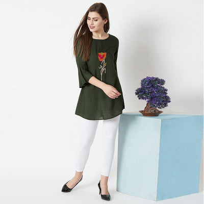 Dark Olive Green Casual Wear Hand Embroidered Designer Cotton Slub Top