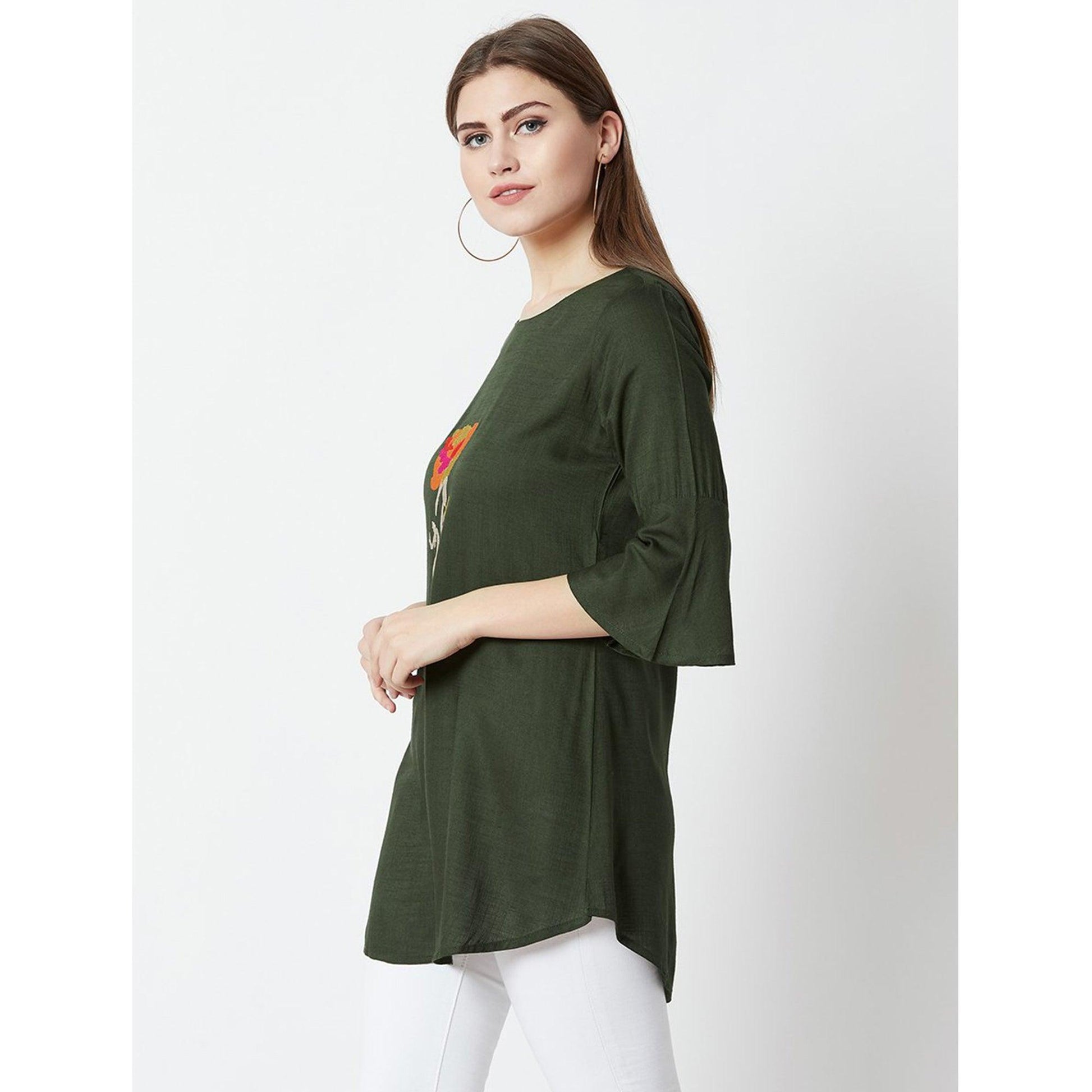 Dark Olive Green Casual Wear Hand Embroidered Designer Cotton Slub Top