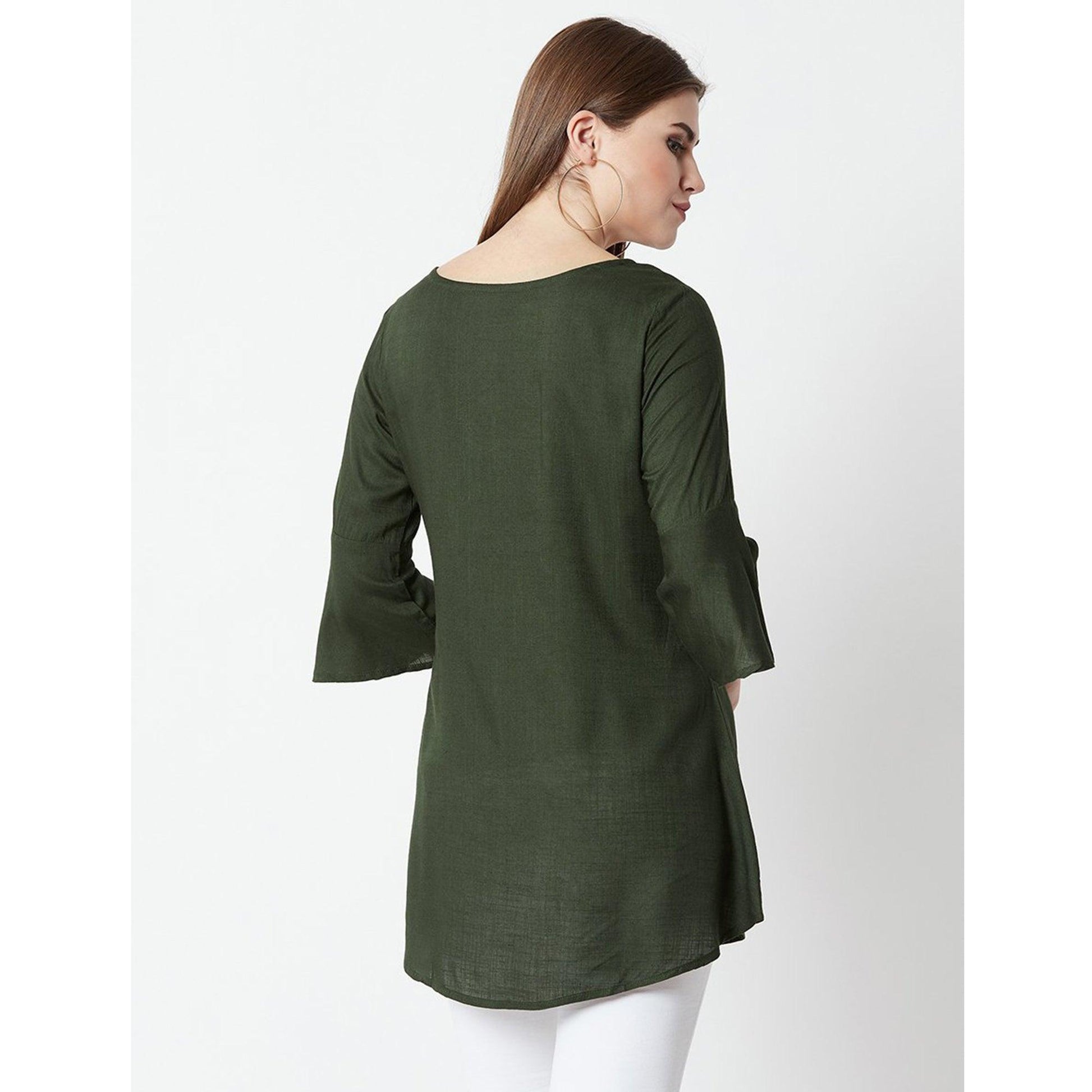 Dark Olive Green Casual Wear Hand Embroidered Designer Cotton Slub Top