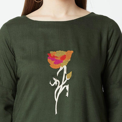 Dark Olive Green Casual Wear Hand Embroidered Designer Cotton Slub Top