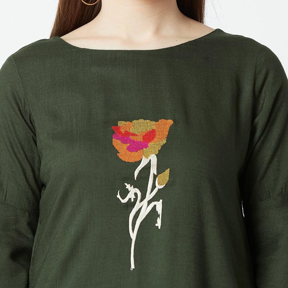 Dark Olive Green Casual Wear Hand Embroidered Designer Cotton Slub Top