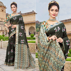 Dark Olive Green Digital Printed Linen Saree