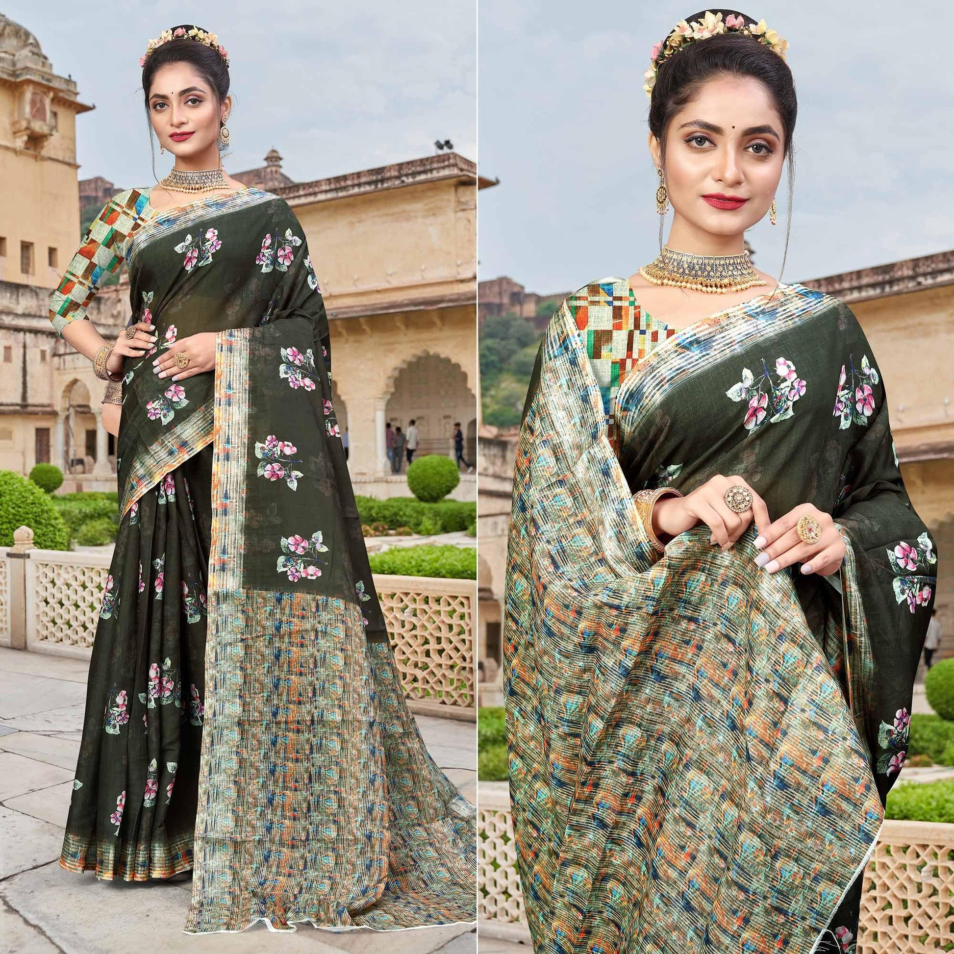 Dark Olive Green Digital Printed Linen Saree