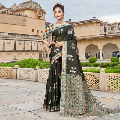 Dark Olive Green Digital Printed Linen Saree